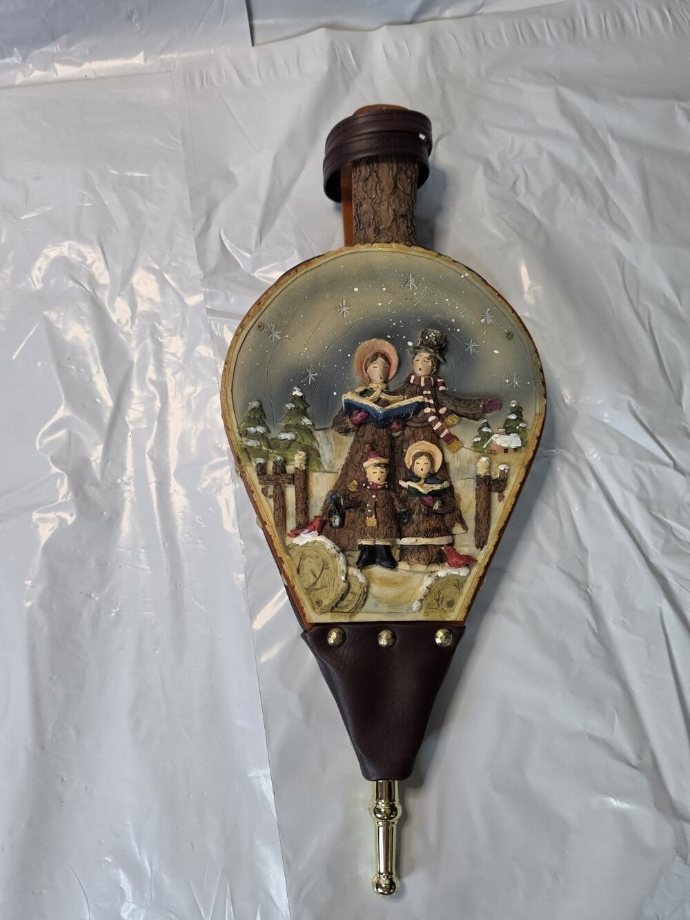 Fireplace Bellows With Christmas Carolers Leather, Brass Wood Home Decor Clean